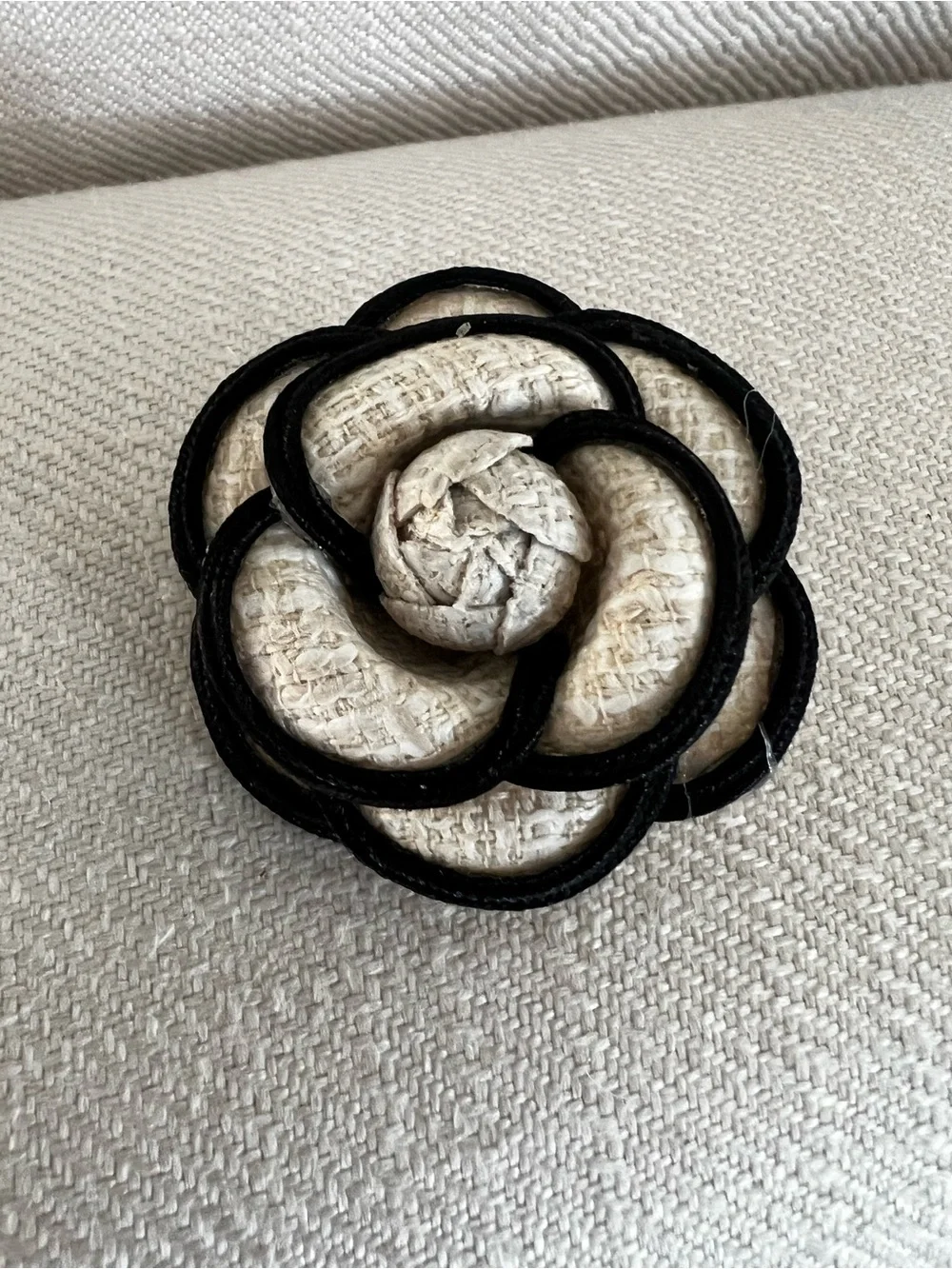 Elegant Black and Cream Camellia Brooch - Women's Accessory